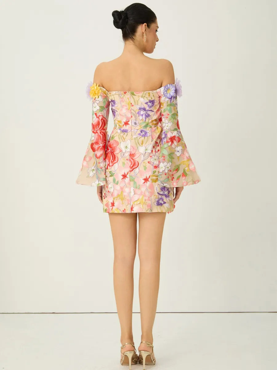 Mila Multi Floral Applique Off Shoulder Mini Dress