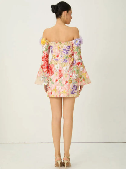 Mila Multi Floral Applique Off Shoulder Mini Dress