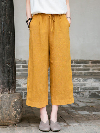 Simple Linen Column Elasticity Waist Bandage Pants
