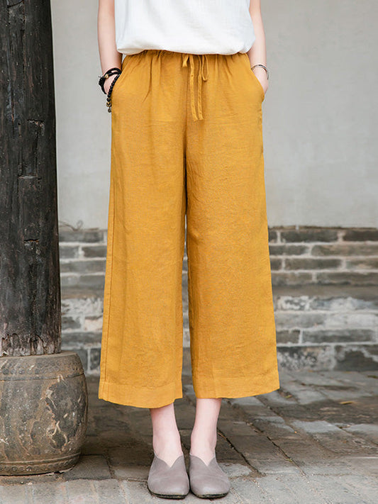 Simple Linen Column Elasticity Waist Bandage Pants
