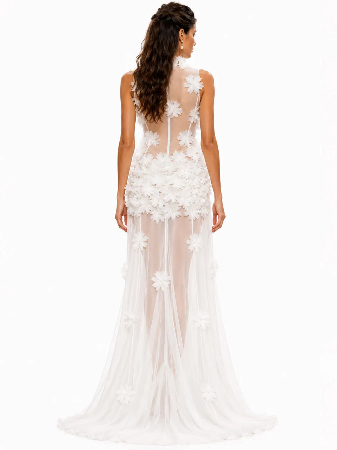 Esme 3D Floral Sheer Mesh Maxi Dress In White