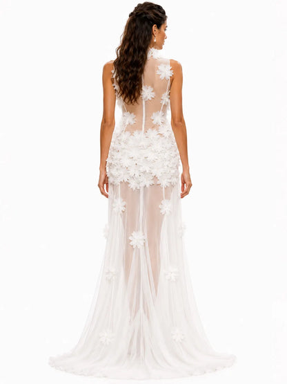 Esme 3D Floral Sheer Mesh Maxi Dress In White