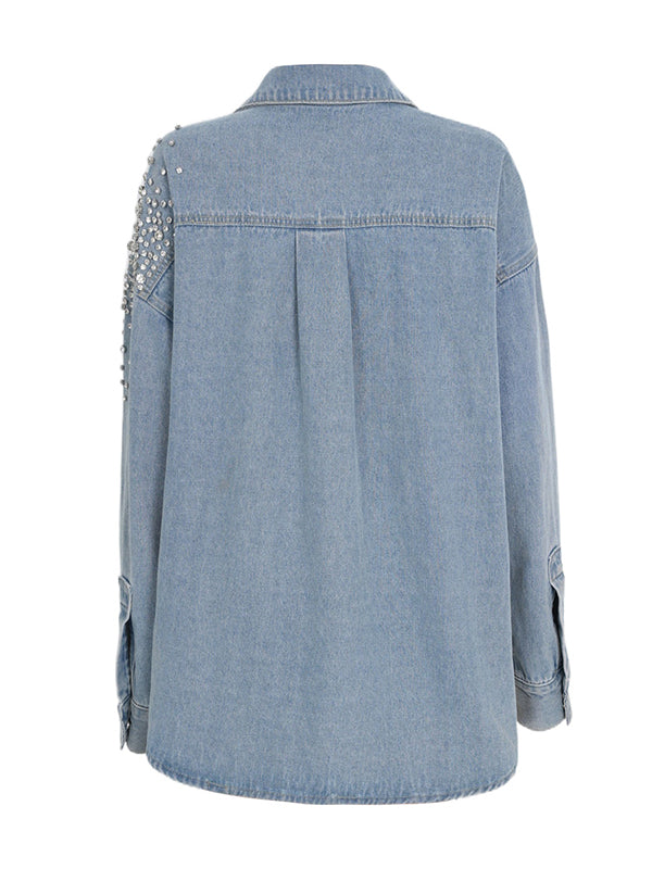 Loose Contrast Color Rhinestone Blouses&Shirts Tops