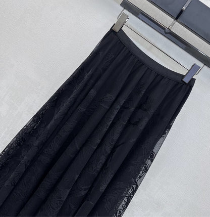 CD Lace Mesh Midi Skirt Black Polyester 350179