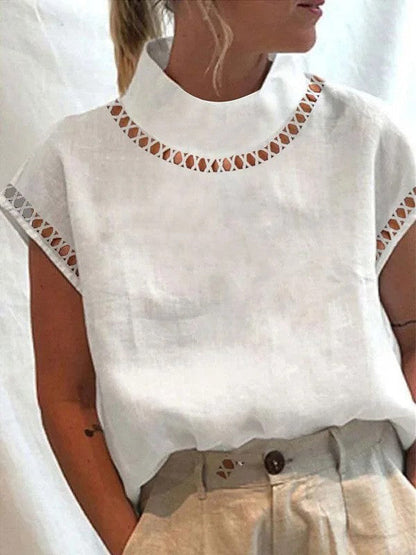 Casual Hollow Out High Neck Short Sleeve Blouse