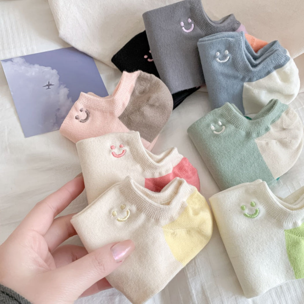 Rufia - Summer Color-Block Embroidered Smiley Ankle Socks