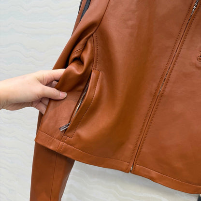Miu SS26 Nappa Leather Jacket Stripes Brandy Lambskin 351105