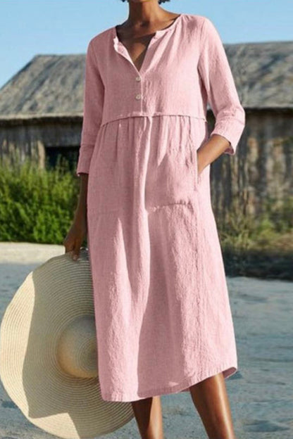 Round neck button pocket cotton and linen sleeves solid color dress