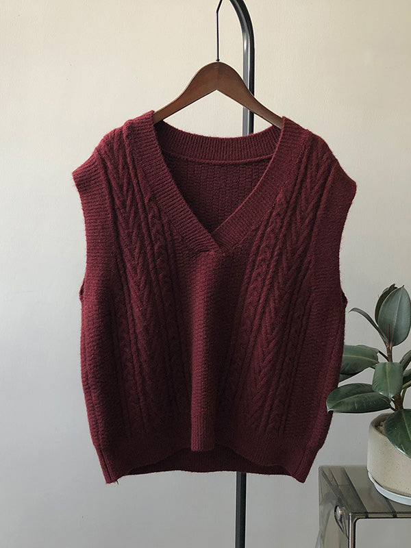 Casual Loose Sleeveless Jacquard Solid Color V-Neck Sweater Vest Outerwear