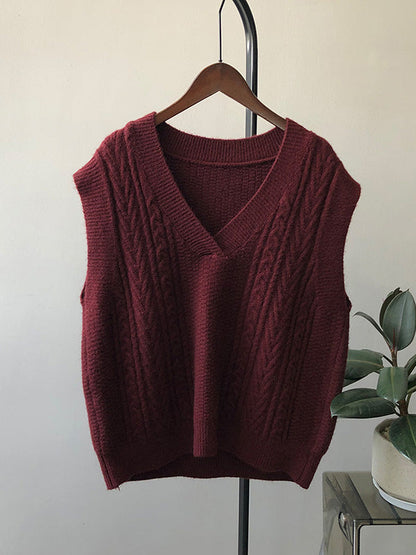 Casual Loose Sleeveless Jacquard Solid Color V-Neck Sweater Vest Outerwear