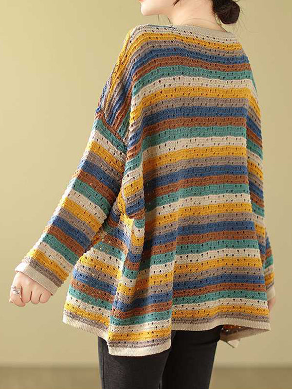 Long Sleeves Loose Contrast Color Hollow Round-Neck Pullovers Sweater Tops