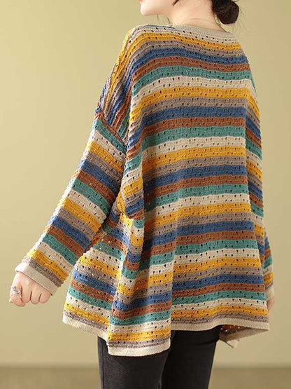 Long Sleeves Loose Contrast Color Hollow Round-Neck Pullovers Sweater Tops
