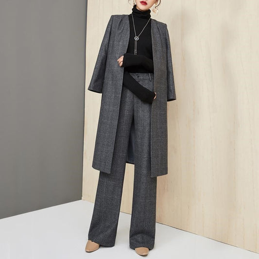 Women's Long Wool Coat And Wide Leg Pants Set