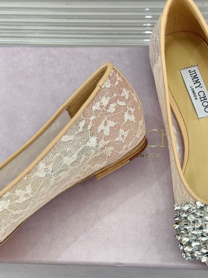 JC25WF Rhinestone Bow Pionted Toe Ballet Flat Nude Sheepskin 573535