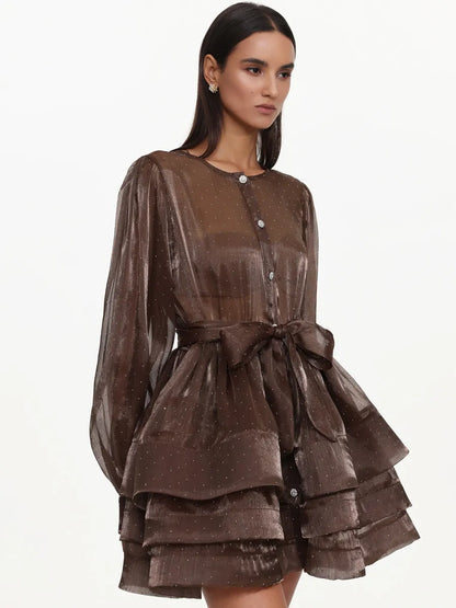 Esme Flowy Long Sleeve Ruffle Polka Dot Woven Mini Dress