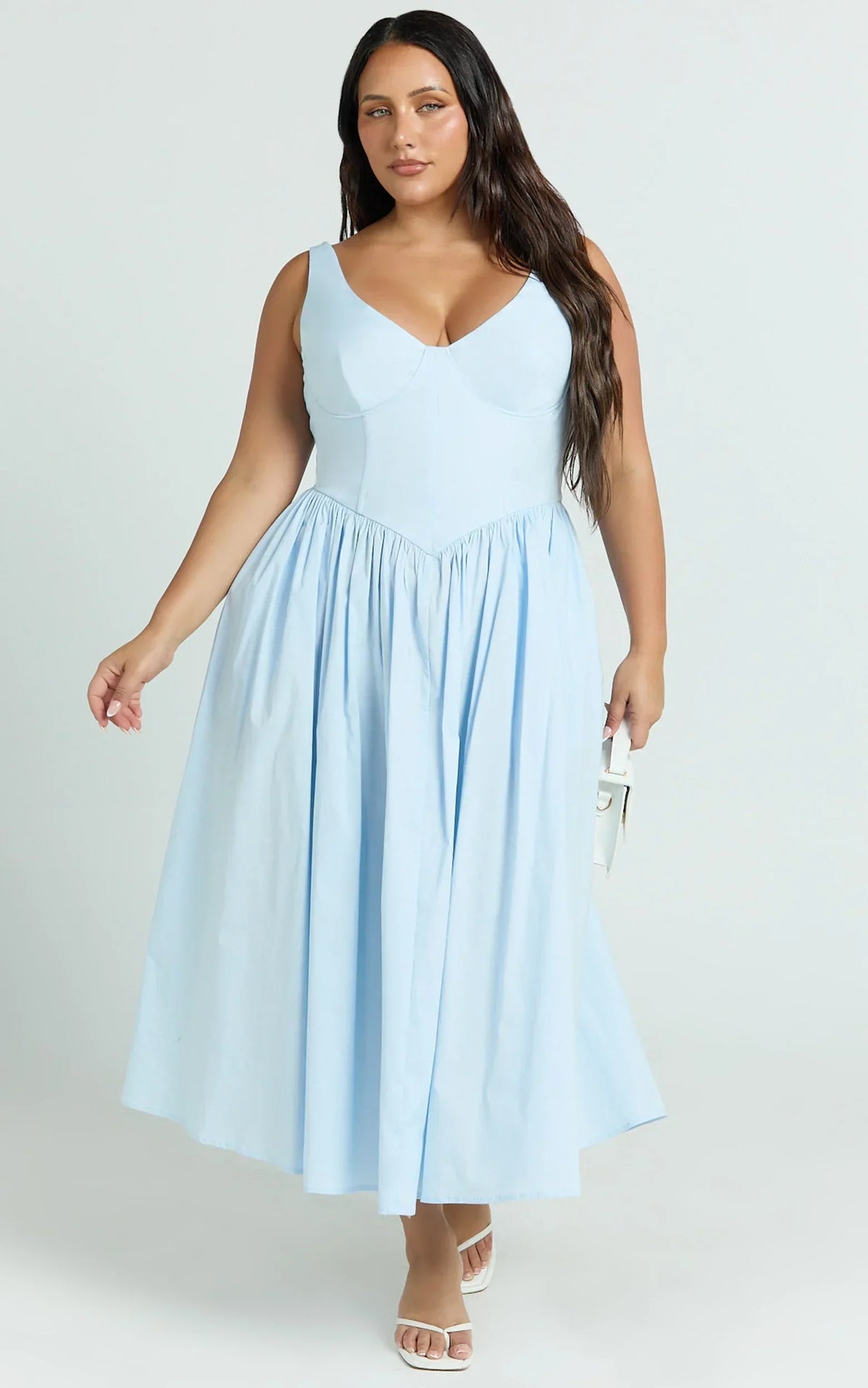 Beckett Midi Dress - Scoop Neck Drop V Waist Gathered Skirt Dress in Blue