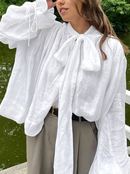 Loose Puff Sleeves Bandage Solid Color Blouses&Shirts Tops