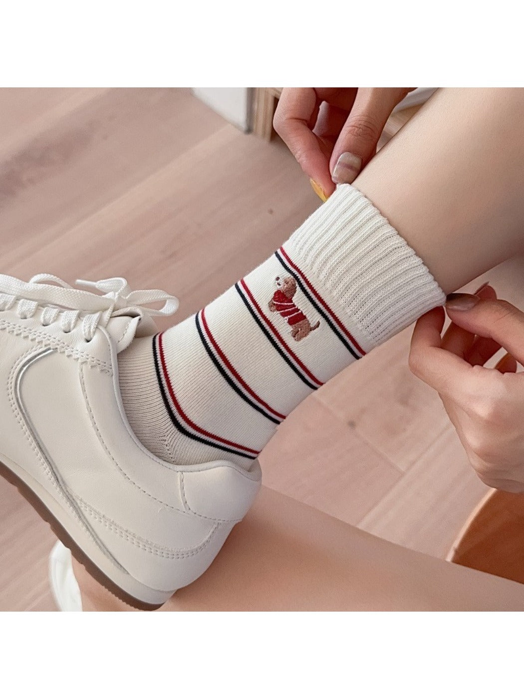 Rufia - Cartoon Dog Embroidered Striped Socks