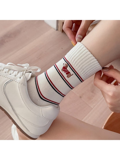 Rufia - Cartoon Dog Embroidered Striped Socks