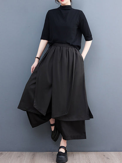 Wide Leg Cropped Solid Color Casual Pants Bottoms Culotte