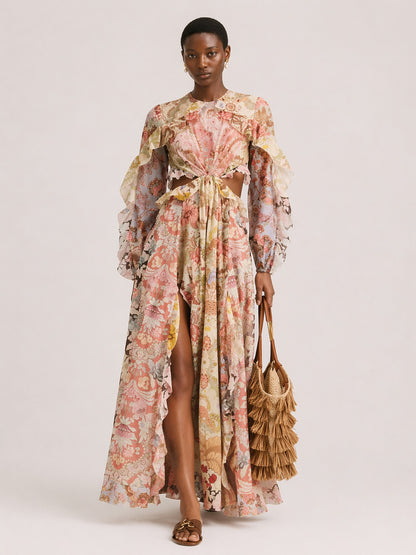 Eloise Long-Sleeve Cutout Printed Maxi Dress