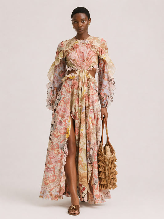 Eloise Long-Sleeve Cutout Printed Maxi Dress
