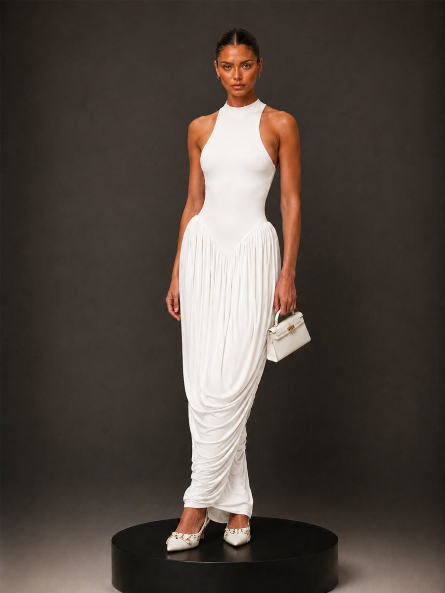 Aurora Fitted-Waist Ruched Sleeveless Maxi Dress