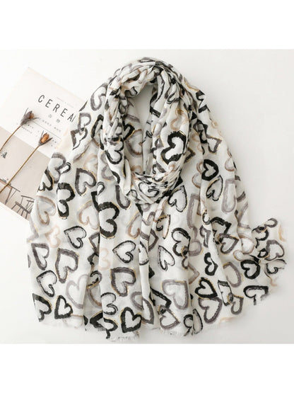 Scarvii - Elegant Heart Print Long Scarf - Thin &amp; Playful