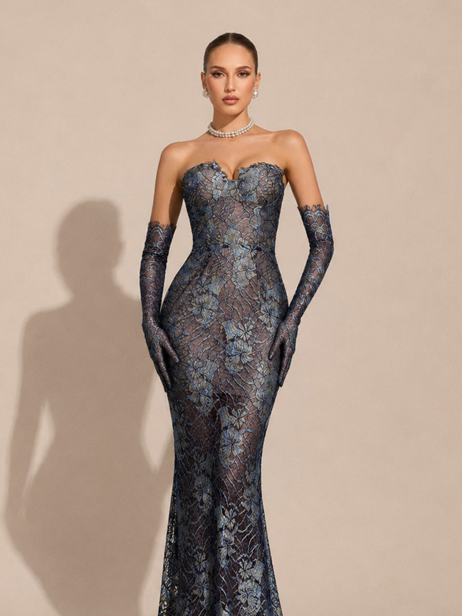 Zinnia Elegant Flowy Strapless Lace Floral Maxi Dress