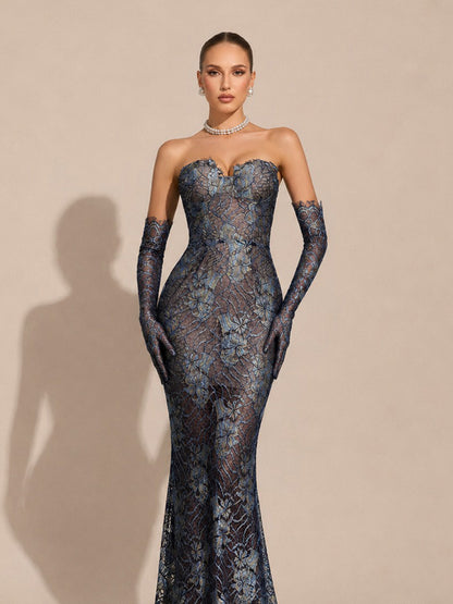 Zinnia Elegant Flowy Strapless Lace Floral Maxi Dress