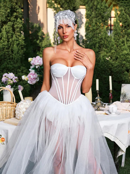 Eddard Strapless Corset Mesh Maxi Dress