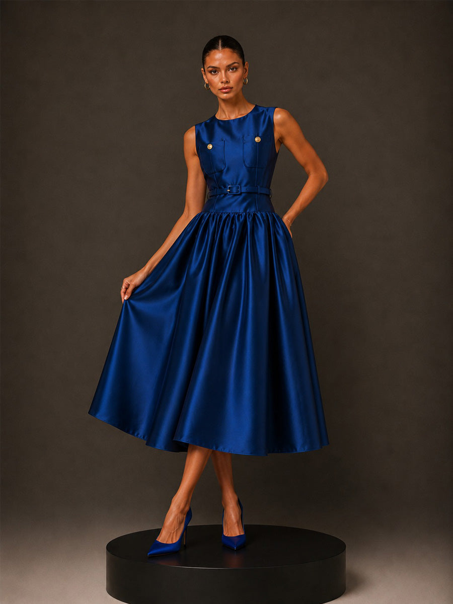 Lydia Sleeveless Round-Neck Midi Dress with Buttons and Pockets