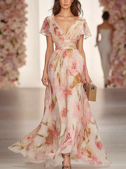 Pink Short Sleeve V-Neck Maxi Dress