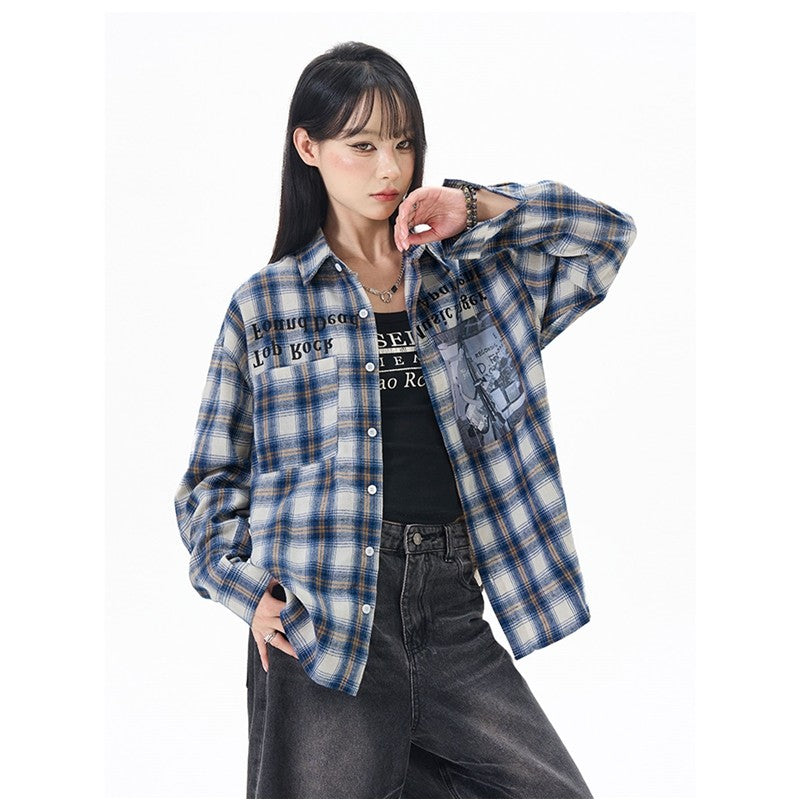 Letter Print Long Sleeve Plaid Shirt