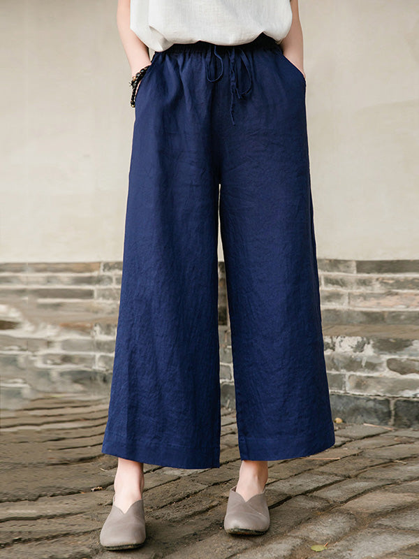 Simple Linen Column Elasticity Waist Bandage Pants