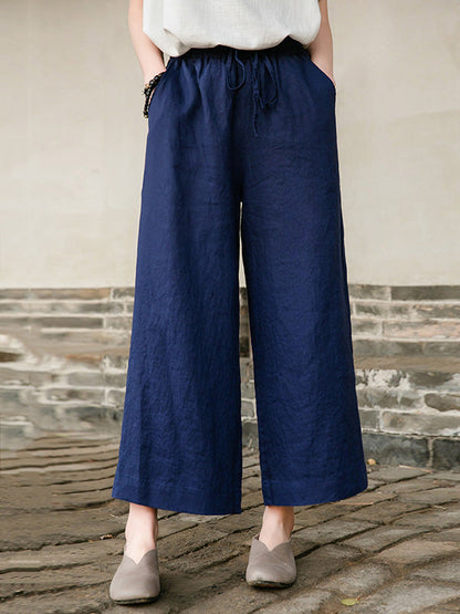 Simple Linen Column Elasticity Waist Bandage Pants