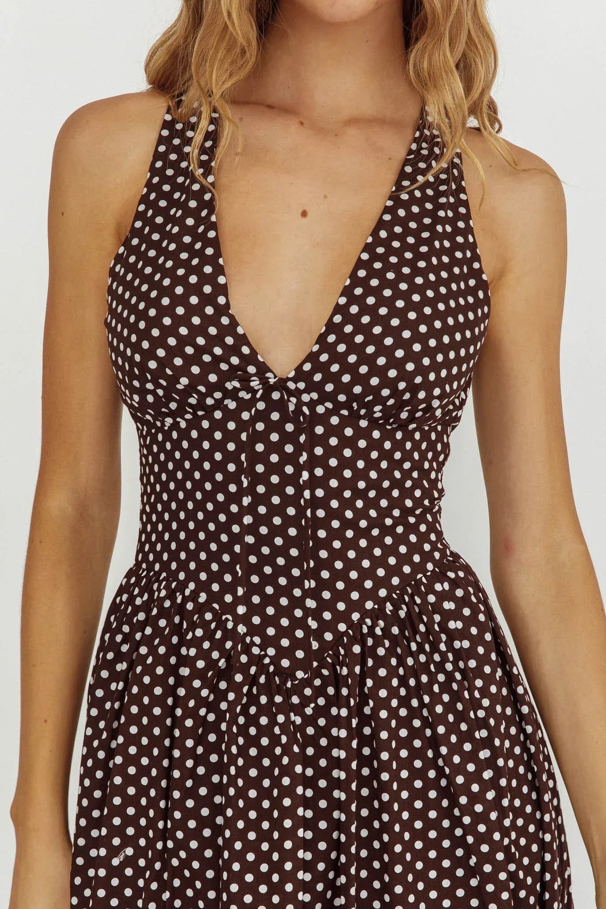 Clarette Basque Waist Open Back Maxi Dress Spotted Chocolate