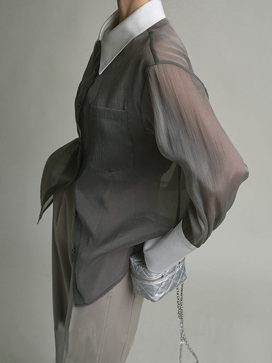 Retro Loose Contrast Collar Buttoned Blouses