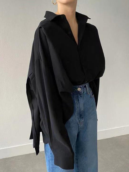 Loose Wrap Buttoned Pleated Solid Color Lapel Blouses&Shirts Tops