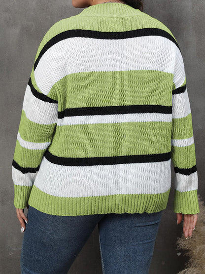 Long Sleeves Loose Contrast Color Striped V-Neck Pullovers Sweater Tops