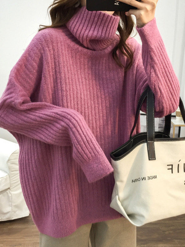 Casual Long Sleeves Loose Solid Color High-Neck Sweater Tops