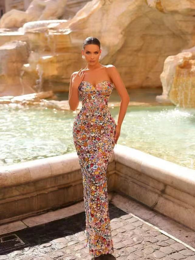 Color Sequined Flower Hip Wrap Evening Dress