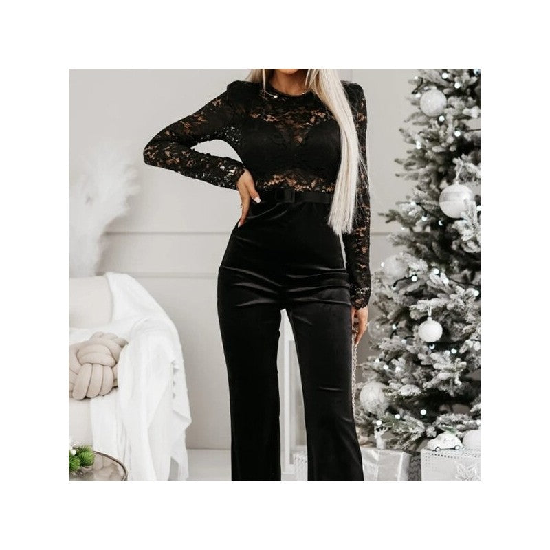 Lace Backless Slim Fit Jumpsuit With Long Sleeves