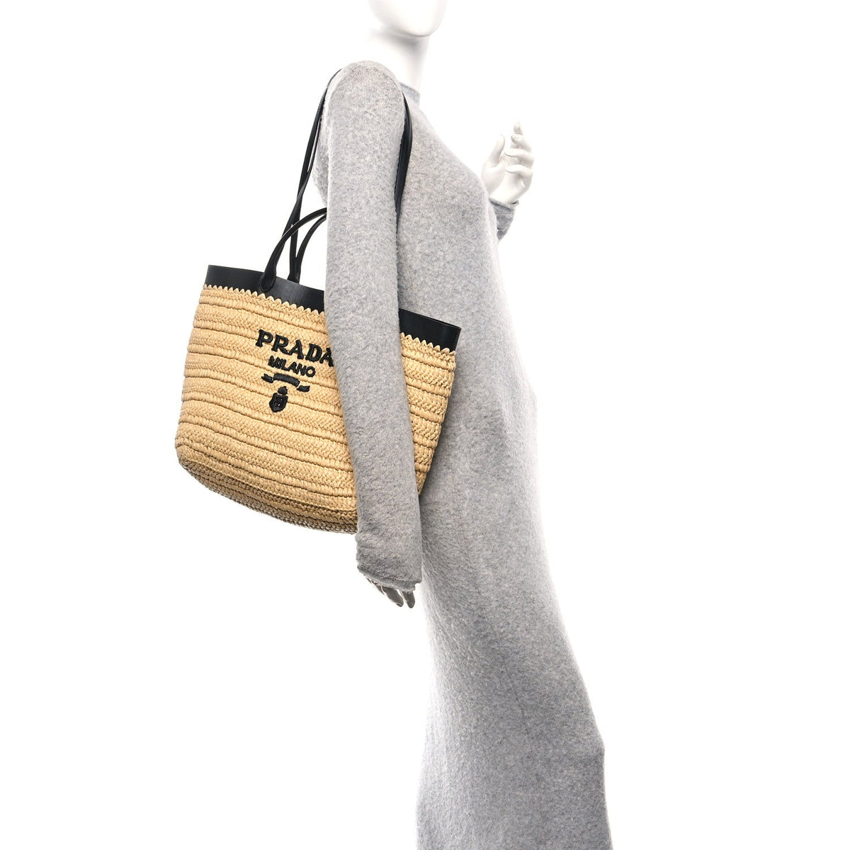 Yarn Raffia Effect Calfskin Crochet Embroidered Medium Logo Tote Tan Black