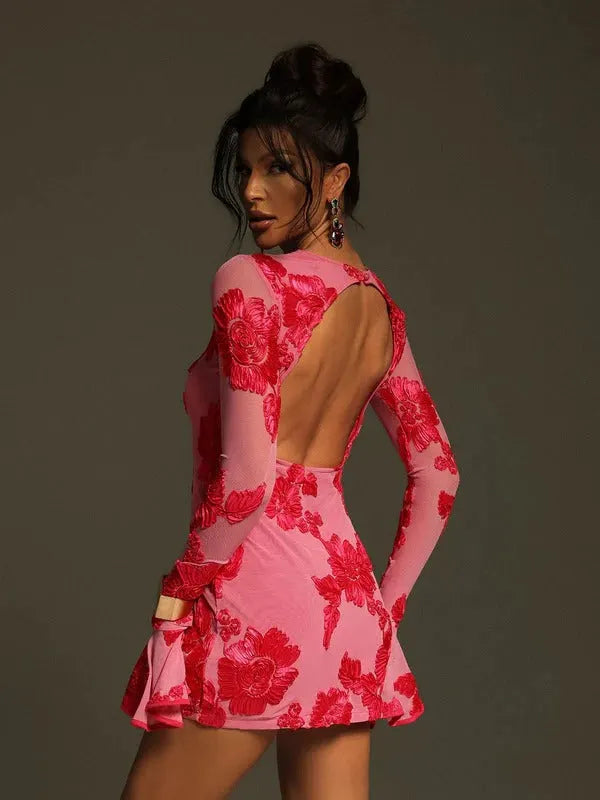 Beckie Long Sleeve Backless Flower Mini Dress