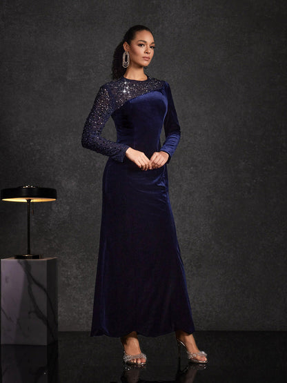 Analia Velvet Mesh Diamond Maxi Dress