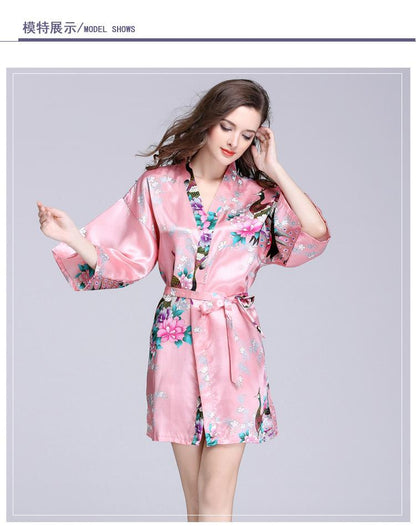 Silk Nightgown Women'S Summer Mid Sleeve Peacock Pajamas Bathrobe Large Size Home Clothes 1