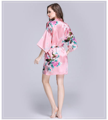 Silk Nightgown Women'S Summer Mid Sleeve Peacock Pajamas Bathrobe Large Size Home Clothes 1
