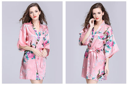 Silk Nightgown Women'S Summer Mid Sleeve Peacock Pajamas Bathrobe Large Size Home Clothes 1