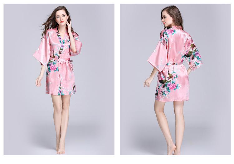 Silk Nightgown Women'S Summer Mid Sleeve Peacock Pajamas Bathrobe Large Size Home Clothes 1